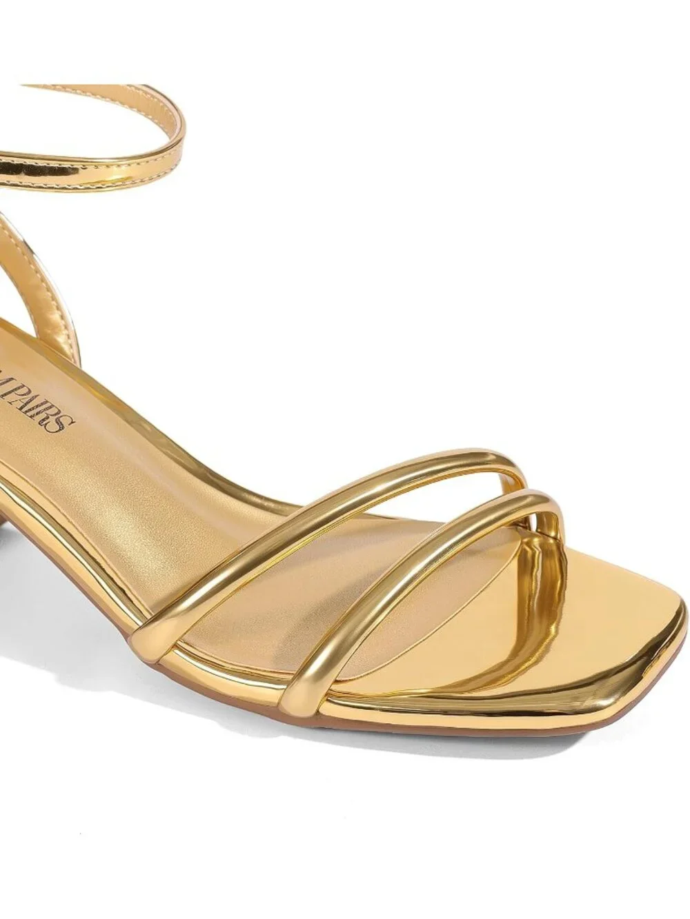 Women's Gold Faux Leather Square-Toe Chunky Block Ankle Buckle Heeled Sandals